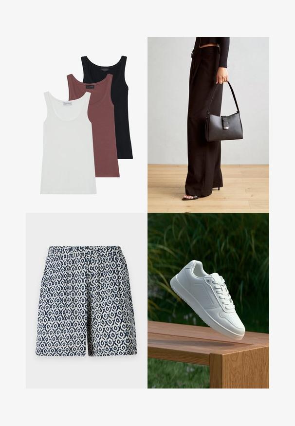 Drie topjes in wit, bordeaux en zwart. Elk heeft een ronde halslijn en dunne bandjes, gemaakt van zachte, rekbare stof.; Geprinte short met een marineblauw en witte geometrische ontwerp, elastische tailleband, klassieke pasvorm, met een zachte, lichtgewicht stoftextuur.; Witte sneaker met een gladde synthetische bovenkant, geperforeerde neus, platte veters en een gestructureerde zool, tentoongesteld op een houten oppervlak.; Zwarte handtas met gestructureerde vorm, gladde textuur en een metalen sluiting. Gecombineerd met brede zwarte broeken en sandalen met open teen op een houten vloer.