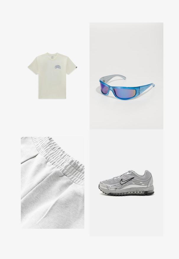 Cremefarvet t-shirt med korte ærmer, featuring en blå mærket grafik på venstre brystområde og en standard rund halsudskæring.; Grå bomulds sweatpants med elastisk talje, der har sidelommer og et blødt, tekstureret stof for komfort.; Grå Nike Air Max sneakers med et overdel i mesh og syntetisk materiale, bølgende design, sorte accenter og en synlig luftdæmpningsenhed.; Blå solbriller med en gennemskinnelig ramme, spejl-linser med en gradienttoning og et sporty design for en sikker pasform under aktiviteter.