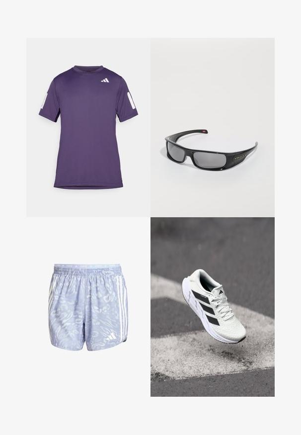 Lila Sport-T-Shirt mit kurzen Ärmeln aus glattem Stoff, mit weißen Akzenten an Ärmeln und Brust, runder Halslinie und lockerer Passform.; Helleblaue Laufshorts mit einem strukturierten Muster, die an den Seiten mit weißen Streifen versehen sind und einen elastischen Bund mit der Aufschrift "RUNNING" haben.; Weiße Sportschuh mit strukturiertem Mesh-Obermaterial, schwarzen Streifen, Schnürverschluss und gepolstertem Sohlen, schwebt über einer markierten Straßenoberfläche.; Schwarze Oakley-Sonnenbrille im Wraparound-Stil mit dunklen rechteckigen Gläsern und gebogenen Bügeln auf einem schlichten weißen Hintergrund.