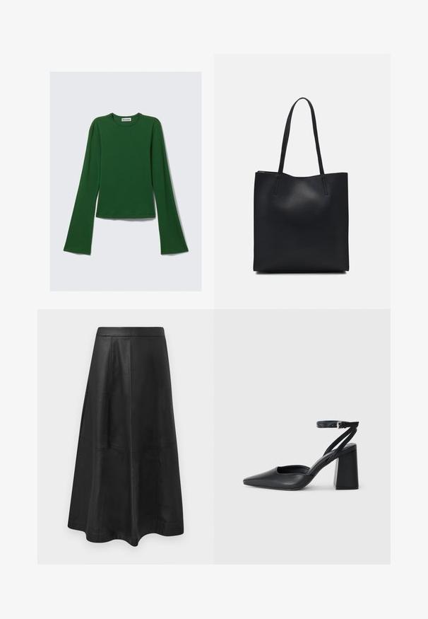 Langermet, dyp grønn topp laget av myk stoff; har rund hals og utvidede ermer; kort design med en glatt tekstur.; Svart skinn midiskjørt med en u-formet silhuett, med sømdetaljer og en glatt tekstur. Ingen synlig maskinvare eller aksenter.; Svart lær pumps med spiss tå, ankelrem og kraftig hæl. Flat tekstur, strømlinjeformet design og minimalisme.; Svart lær tote bag med glatt tekstur, rektangulær form og to lange håndtak. Ingen synlige deler eller dekorasjoner.
