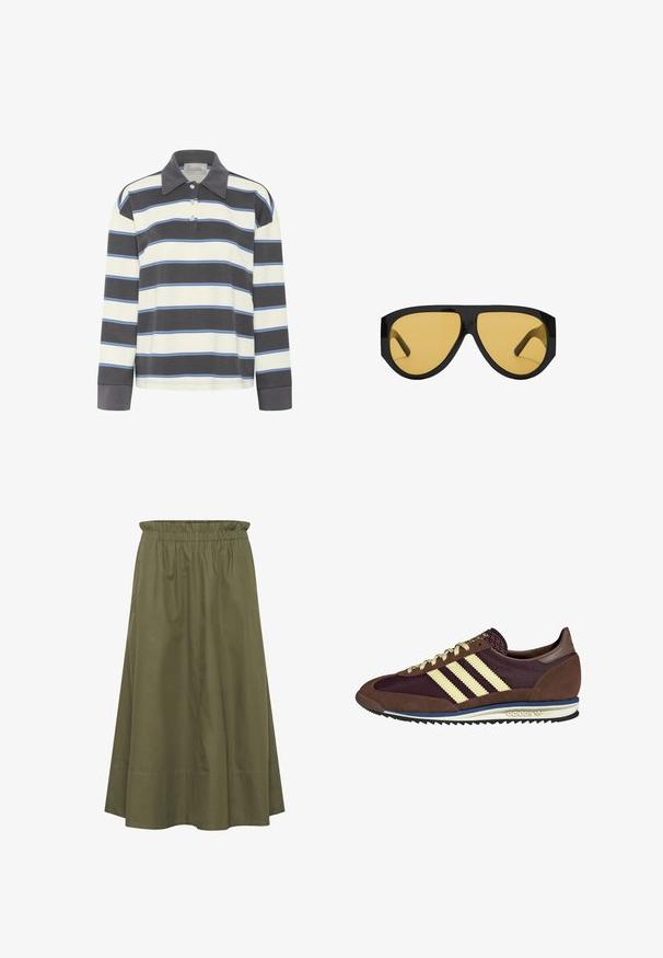 Long-sleeve polo shirt in navy and white horizontal stripes with light blue accents. Features a collared neckline and three-button placket.; Olive green cotton skirt with an elastic waistband, knee-length design, and side pockets. Smooth texture and simple, flowing shape.; Brown and burgundy sneaker with suede and mesh materials, featuring three cream stripes, textured fabric on the tongue, and a rubber sole.; Sunglasses featuring a sleek black plastic frame and yellow tinted lenses, with a distinct angular shape and wide temples for added coverage.