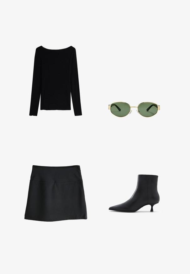 Intimissimi U-BOOT-AUSSCHNITT - T-shirt à manches longues - black; Jupe noire avec une texture lisse, de longueur genoux, et une taille élastique simple. Présente une fermeture éclair discrète à l'arrière.; ALDO EMMALIE - Bottines - black; Lunettes de soleil avec monture en métal doré et verres teintés verts, de forme ovale, avec branches noires et plaquettes de nez transparentes. Design épuré et minimaliste.; DRAGON DIFFUSION ROSANNA - Sac à main - dark brown; Boucles d'oreilles en forme de nœud doré avec un design en spirale, présentant une texture lisse et brillante ainsi qu'une forme arrondie.