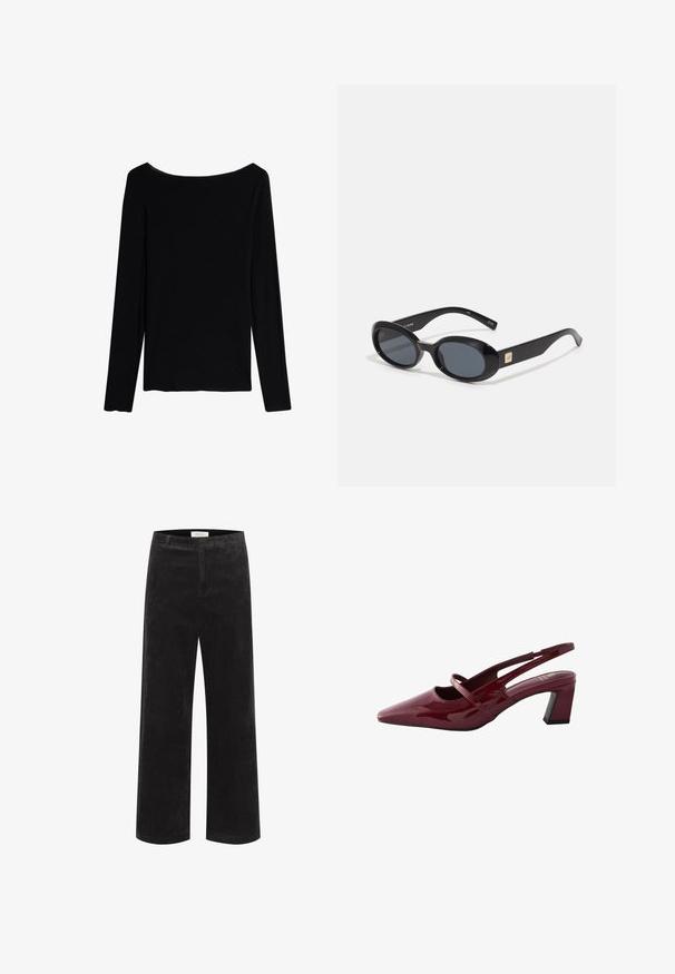 Intimissimi U-BOOT-AUSSCHNITT - Longsleeve - black; Zwarte corduroy wijde broek met verticale ribbels, gestructureerde tailleband en platte voorkant. De stof lijkt zacht met een lichte glans.; Next FOREVER COMFORT SQUARE TOE - REGULAR FIT - Klassieke pumps - red; Zwarte ovale zonnebril met donkere lenzen, glanzend kunststof frame, brede zijkanten en een kleine gouden accent aan de zijkant.