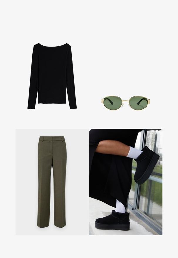 Intimissimi ULTRALIGHT - Longsleeve - black; Olijfgroene op maat gemaakte broeken van textiel met textuur. Heeft een rechte pijpdesign met een platte voorkant en geen zichtbare versieringen.; Zwarte suède enkellaarsjes met een platte zool, voorzien van een achterste lus, gedragen met witte enkelsokken tegen een minimalistische achtergrond.; Gouden metalen montuur zonnebril met groene getinte lenzen, ovale vorm, zwarte pootjes en doorzichtige neuspads. Strak, minimalistisch ontwerp.