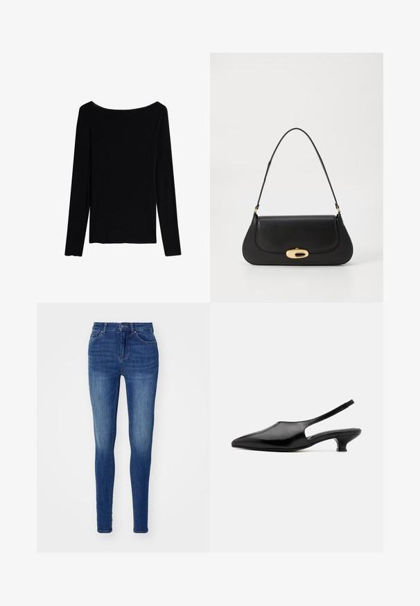 Intimissimi - Bluzka z długim rękawem; Niebieskie dżinsy skinny z gładką strukturą, pięcioma kieszeniami i zapięciem na guzik. Posiadają wybleknięte miejsca, co nadaje im zużyty wygląd.; Czarne skórzane sandały na obcasie z wąskim noskiem, otwartymi bokami i krótkim, rozszerzającym się obcasem. Gładka tekstura i minimalistyczny design.; Czarna skórzana torebka o zaokrąglonym kształcie, z metalowymi elementami w kolorze złotym i górnym uchwytem. Posiada eleganckie zapięcie i gładką fakturę.