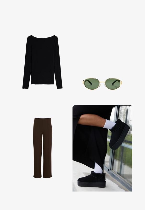 Intimissimi CHRISTMAS - Longsleeve - black; Bruine, wijde broek gemaakt van een zachte, rekbare stof. Beschikt over verticale naden en een nette tailleband voor een verzorgde uitstraling.; Zwarte suède enkellaarsjes met een platte zool, voorzien van een achterste lus, gedragen met witte enkelsokken tegen een minimalistische achtergrond.; Gouden metalen montuur zonnebril met groene getinte lenzen, ovale vorm, zwarte pootjes en doorzichtige neuspads. Strak, minimalistisch ontwerp.