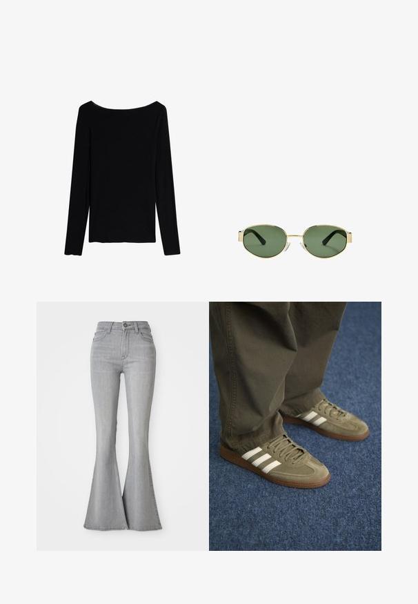 Intimissimi - Bluzka z długim rękawem; Jasnoszare dżinsy z wysokim stanem, z rozszerzanymi nogawkami, z przodu na guzik, z zapięciem na zamek oraz z przednimi i tylnymi kieszeniami.; Zielone zamszowe trampki z trzema białymi paskami, brązową gumową podeszwą i teksturowanymi sznurowadłami, zestawione z oliwkowymi spodniami na niebieskim dywanie.; Złote okulary przeciwsłoneczne w metalowej oprawie z zielonymi soczewkami, o owalnym kształcie, czarnymi zausznikami i przezroczystymi noskami. Czysty, minimalistyczny design.