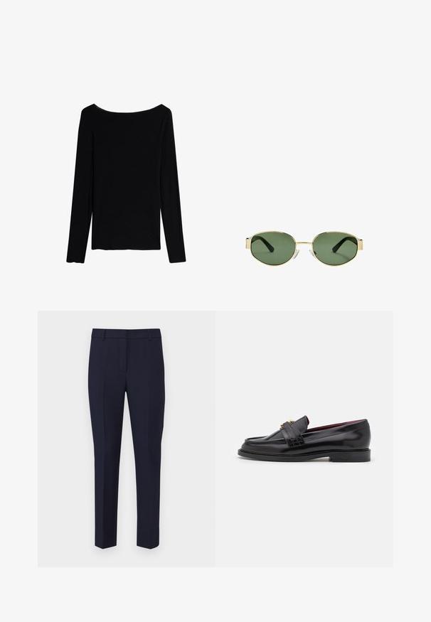 Intimissimi U-BOOT-AUSSCHNITT - Langærmet T-shirt - black; Weekend Max Mara FREDA - Bukser - blu; Sorte læder loafers med et stitched-mønster, glat tekstur, guldspænde detalje og en rund tå, sat på en lav sort sål.; Solfarvede solbriller med guldmetalramme, grønne linser, oval form, sorte stænger og klare næsepuder. Rent, minimalistisk design.