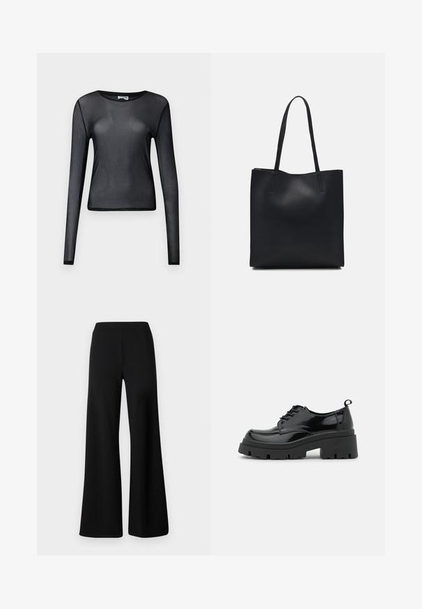 Fekete, hosszú ujjú blúz áttetsző anyagból, kerek nyakkivágással és szűk szabással, finoman szegélyezett széllel.; Fekete, bő szárú nadrág puha, rugalmas anyagból. Jellemzője a sima, elasztikus derékpánt és a letisztult, díszítés nélküli dizájn.; Fekete lakkbőr cipők vastag talppal és széles fűzővel. Kerek orr, minimális díszítés és egy kis sarkantyú a hátsó részén.; Fekete bőrtáska sima felszínnel, téglalap alakú, két hosszú füllel. Nincs látható fémkiegészítő vagy díszítés.