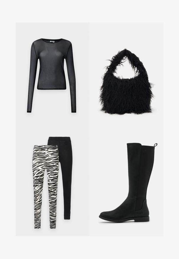 Zwarte lange mouw top van transparant materiaal, met een ronde halslijn en een slanke pasvorm, voorzien van fijn afgewerkte zomen.; Twee paren leggings: de ene met een patroon van zwart-witte zebrastripes, de andere effen zwart. Beide zijn voorzien van elastische taillebanden.; Kniehoge zwarte neplederen laarzen met een gladde oppervlakt, elastische zijpanelen en een lage, platte zool voor comfort.; Even&Odd Shopper - black