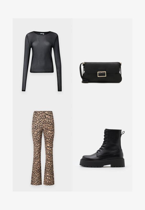 Juodas ilgomis rankovėmis viršutinis drabužis, pagamintas iš permatomo audinio, su apvalia iškirpte ir siauru šonu, puikiai apdirbtomis kraštinėmis.; Lepardo raštas plazdančios kelnės rudos ir tan spalvų. Minkšta medžiaga su šiek tiek tekstūruotu paviršiumi. Su aukštu liemeniu ir prigludusia siluetu visame ilgyje.; Juodos odinės aulinukės su apvalia nosimi, raišteliais priekyje ir storesniu guminio pado apačioje su tekstūruotu raštu. Priekyje yra kilputė.; Juodas odinis dėkliukas su atvarteliu ir auksinės metalinės sagties detalėmis. Įeina juodas diržas ir elegantiškas, minimalistinis dizainas.