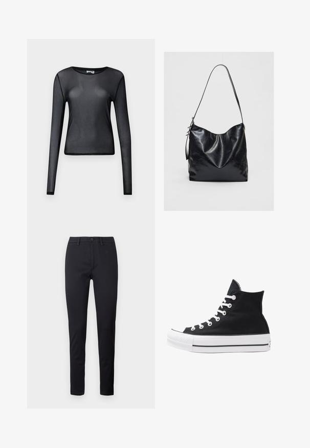 Černý top s dlouhým rukávem vyrobený z průhledného materiálu, s kulatým výstřihem a slim fit střihem, s jemně zakončenými lemy.; Černé kalhoty vyrobené z hladkého materiálu, s klasickým pasem, předními kapsami a užšími nohavicemi. Žádné viditelné vzory nebo akcenty.; Černý plátěný sneaker s vysokým střihem, bílými očky, tkaničkami a gumovou podrážkou. Obsahuje texturovanou špičku a černobílé pruhy.; Černá kožená kabelka přes rameno s měkkým, texturovaným povrchem. Má zakřivený design a jeden nastavovací popruh. Bez dalšího kování.