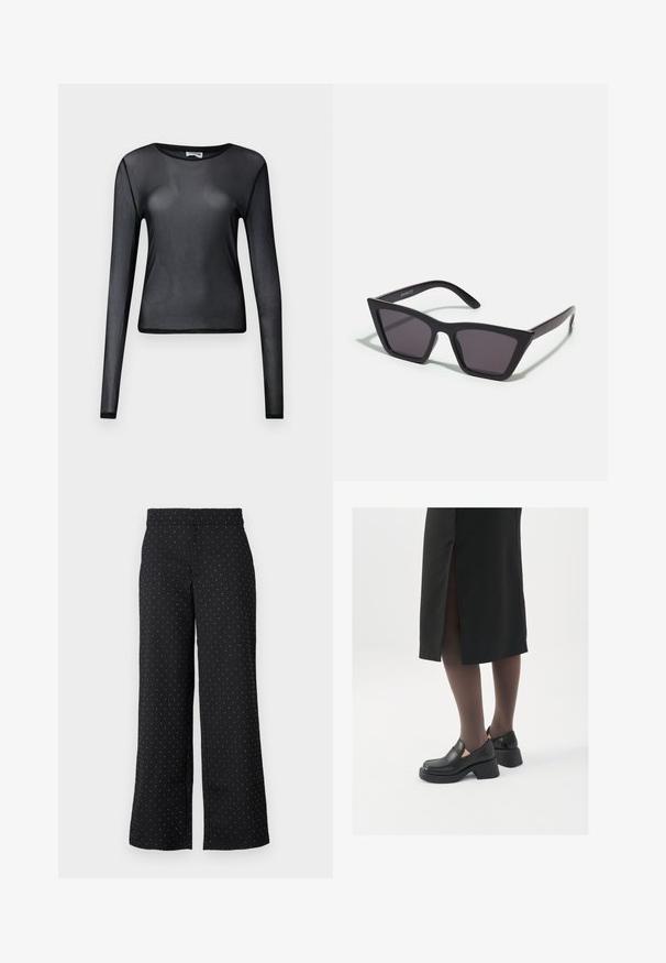 Črna dolga rokavična majica iz prosojnega materiala, z okroglim izrezom in slim fit krojem, z natančno obrobljenimi robovi.; Črne široke hlače iz tkanine s belimi pikami. Imajo pas srednje višine in sprednje žepke. Teksturirana površina.; Črne usnjene čevlje s zaobljenim prstom, debelim blokastim petama in elastičnimi stranskimi detajli, v kombinaciji s temno nogavicami in črno krilo z razporkom.; Črne, angularne sončne očala z sivimi lečami; izdelana iz plastike, imajo debele ročke z gladko površino in brez vidne opreme.