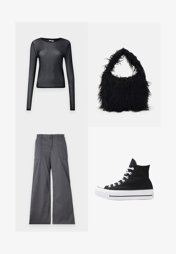 Czarna bluzka z długim rękawem wykonana z przezroczystego materiału, z okrągłym dekoltem i dopasowanym krojem, z delikatnie wykończonymi brzegami.; Szare spodnie o szerokich nogawkach, gładkiej fakturze, z przednimi kieszeniami, zapięciem na guzik oraz przeszyciami wzdłuż szwów.; Czarny wysokopodbiciowy sneaker z płótna, z białymi oczkami, sznurówkami i gumową podeszwą. Posiada teksturowany czubek oraz czarno-białe paski.; Even&Odd - Torba na zakupy