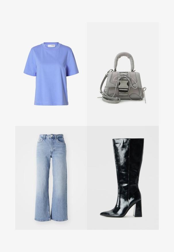 Light purple short-sleeved t-shirt made of soft cotton. Round neckline with a relaxed fit and subtle stitching along the hem.; Light blue high-waist wide-leg jeans with front and back pockets, button closure, and subtle fading on the thighs and hems.; Black knee-high boots made of glossy leather, featuring a pointed toe and a chunky geometric heel with a smooth texture.; Gray textured handbag featuring a padded handle, mesh accents, adjustable strap, and a front clasp. Compact design with a rounded shape.