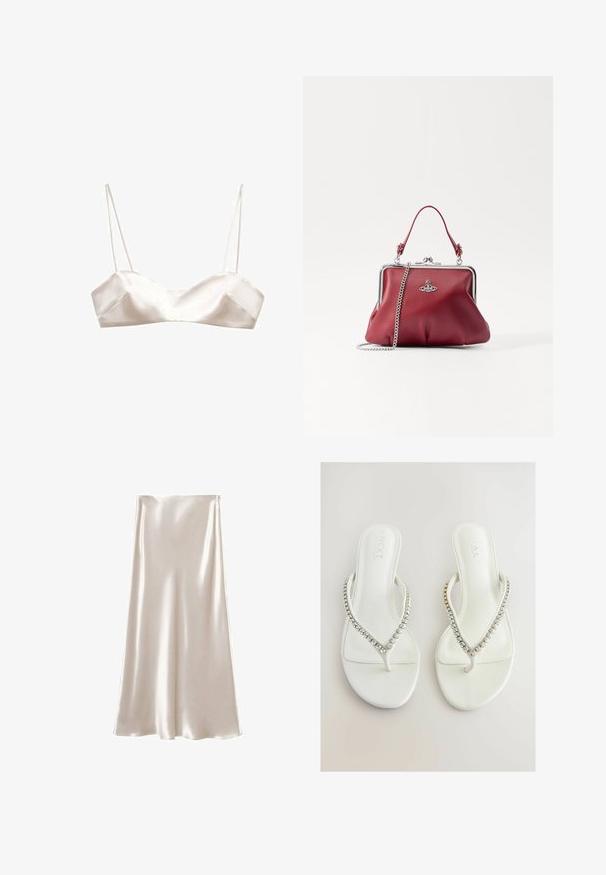 Satinová braletka svetlej ivojvej farby, s tenkými ramienkami, štruktúrovaným dizajnom a jemným tvarom písmena V vpredu, s hladkou textúrou.; Saténová midi sukňa v krémovej farbe, s hladkou, lesklou textúrou a A-liniovým strihom. Jednoduchý dizajn bez ďalších ozdôb.; Biele šľapky s hladkým povrchom, so strapcom v tvare V ozdobeným jasnými, trblietavými kamienkami. Jednoduchý a elegantný dizajn.; Červená kožená taška s strieborným reťazovým popruhom, okrúhly tvar, skladaný dizajn a kovová spona na vrchu. Ozdobená detailom loga.; Dvoje prepletených prsteňov vyrobených z lešteného strieborného kovu, s hladkými, zakrivenými tvarmi a lesklými povrchmi, ktoré sa mihotajú odrazmi.