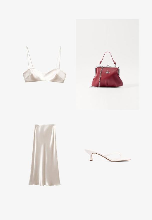Satin bralette vaaleassa ivory-värissä, jossa on ohuet olkaimet, rakenteellinen muotoilu ja kevyt V-muoto etupuolella, sekä sileä pinta.; Kreemin satiinimidi-seelik, millel on sujuv ja läikiv tekstuur ning A-line siluett. Lihtne disain, ilma täiendavate kaunistusteta.; Valkoinen thong-tyylinen sandaali, jossa on matala korko, valmistettu sileästä materiaalista. Yksinkertaiset hihnat ja minimalinen muotoilu. Ruskea pohja korostaa.; Punainen nahkalaukku hopeaketjulla, pyöreä muoto, vekitettu muotoilu ja metallinen solki ylhäällä. Koristeltu logoyksityiskohdalla.; Kaksi toisiinsa kietoutunutta rengasta, jotka on valmistettu kiillotetusta hopeametallista, ja niissä on sileät, kaarevat muodot sekä kiiltävät pinnat ja heijastavat korostukset.