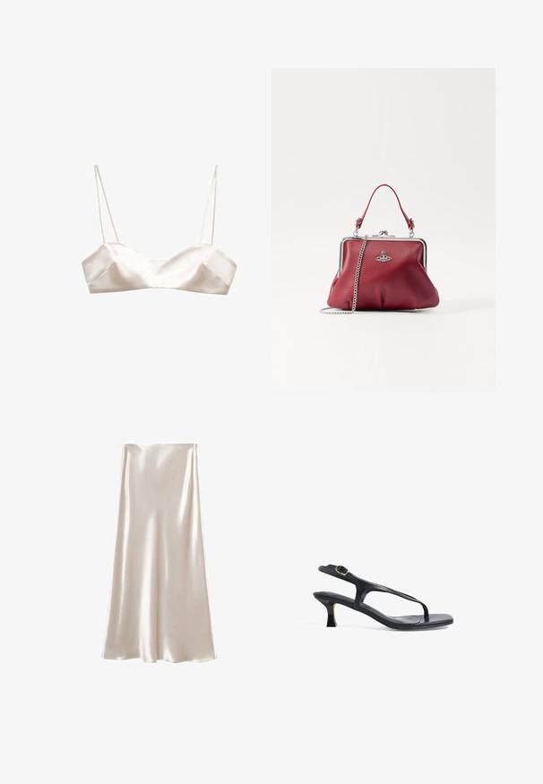 Satin bralette i lys elfenben med tynde stropper, en struktureret design og let V-formetræk foran, med en glat tekstur.; Satin midi nederdel i creme, med en glat, blank overflade og en A-formet silhuet. Enkel design uden yderligere udsmykninger.; Sort læder sandal med et slankt design, tynde stropper og en lille hæl. Har en spænde detaljer og en glat, tekstureret indersål.; Rød læderhåndtaske med en sølvfarvet kædestrop, rund form, plisseret design og en metalspænde øverst. Udsmykket med et logodetail.; To skridende ringe lavet af poleret sølvmetal, med glatte, buede former og blanke overflader samt reflekterende højdepunkter.