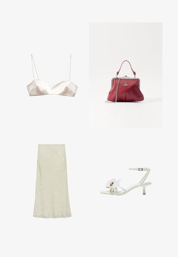 Satin-Bralette in hellem Elfenbein, mit dünnen Trägern, einem strukturierten Design und leicht V-förmigem Ausschnitt vorne, ausgestattet mit einer glatten Textur.; Helles grünes Midirock aus durchsichtigem Stoff, mit zarter weißer Blumenstickerei und einer fließenden A-Linie.; Weiße hochhackige Sandale aus strukturiertem Material, mit einem breiten Blumenakzent an der Zehenpartie, dünnen Riemen und einem Stiletto-Absatz in mittlerer Höhe.; Rote Lederhandtasche mit einem Schulterriemen aus Silberkette, abgerundeter Form, plissiertem Design und einem Metallverschluss an der Oberseite. Mit einem Logo-Detail verziert.; Zwei miteinander verschlungene Ringe aus poliertem Silbermetall, mit glatten, geschwungenen Formen und glänzenden Oberflächen sowie reflektierenden Highlights.