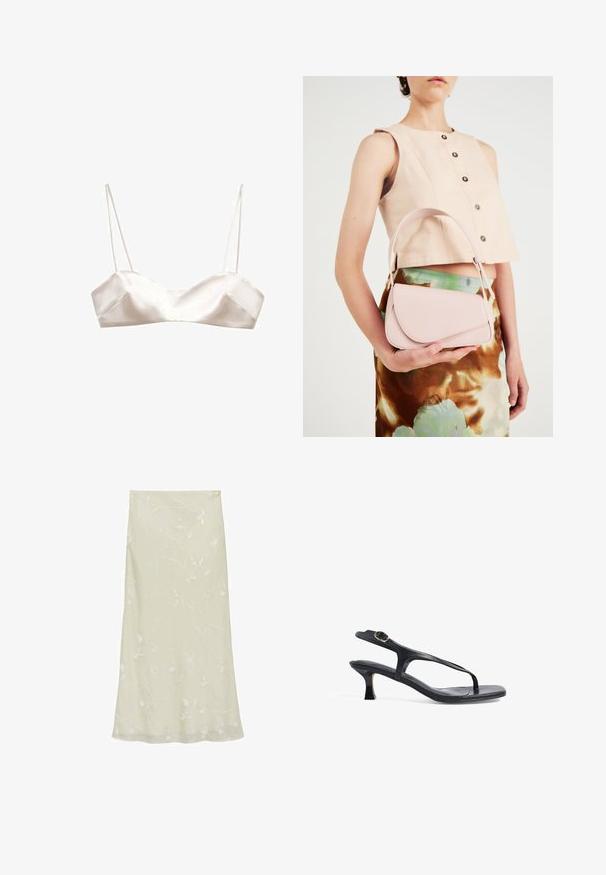 Satin bralette i lys elfenben med tynde stropper, en struktureret design og let V-formetræk foran, med en glat tekstur.; Lys grøn midi-nederdel lavet af gennemsigtigt stof, med delikat hvid broderi af blomster og en svajende A-formet silhuet.; Sort læder sandal med et slankt design, tynde stropper og en lille hæl. Har en spænde detaljer og en glat, tekstureret indersål.; Lyserød læderhandtaske med en buet klap, enkel skulderrem og rene linjer. Tasken har en glat overflade og et minimalistisk design.; Guldtonede metalknopper med en hamret overflade, der har et åbent design og glatte kanter. To størrelser vist: en bredere og en slankere.