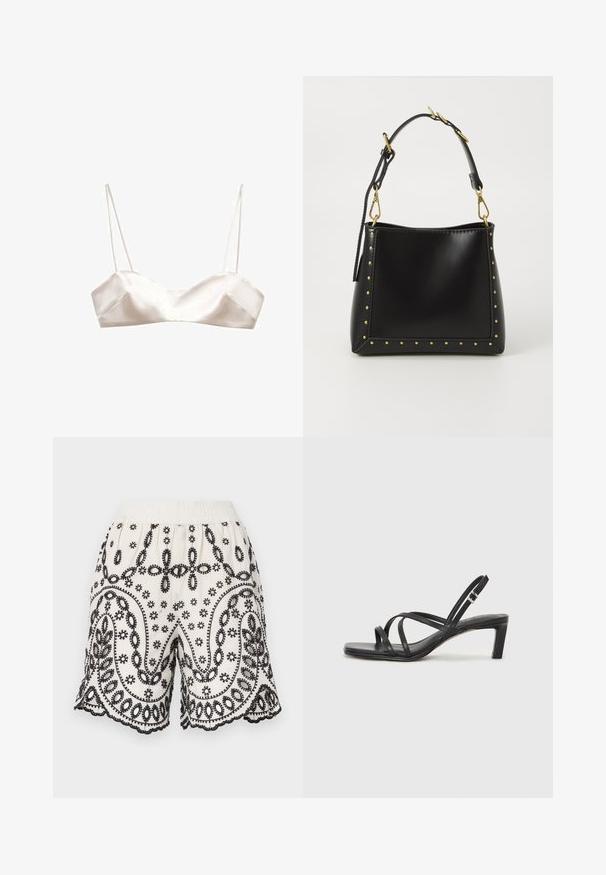Bralet din satin în ivory deschis, cu bretele subțiri, un design structurat și o ușoară formă în V în față, având o textură netedă.; Pantaloni scurți din țesătură albă, cu broderie neagră complicată, prezentând modele florale și paisley, talie elastică și margini ondulate.; Sandal cu barete negre, cu vârf pătrat și toc mic de bloc. Prezintă mai multe barete subțiri și o bareta ajustabilă la gleznă. Fabricat din piele netedă.; Geantă de piele neagră, cu o formă structurată, având ace de aur pe margini și o curea detașabilă cu accente din metal auriu.