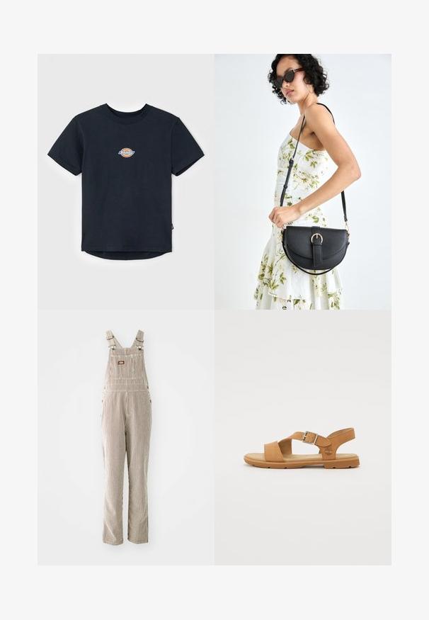 T-shirt de algodão preto com mangas curtas, decote redondo e um pequeno logótipo multicolorido no peito. Barra reta com a parte de trás ligeiramente mais longa.; Suspensórios listrados feitos de tecido entrelaçado em bege e castanho, com alças ajustáveis, bolso frontal e fechos de botão laterais.; Sandal de couro castanho com fivela, ponta aberta e almofada para os pés. Apresenta uma sola de borracha flexível e detalhe do logotipo em relevo.; Bolsa de couro preta com forma curva, alça destacável e detalhes em dourado. A bolsa possui uma aba com detalhe de fivela.