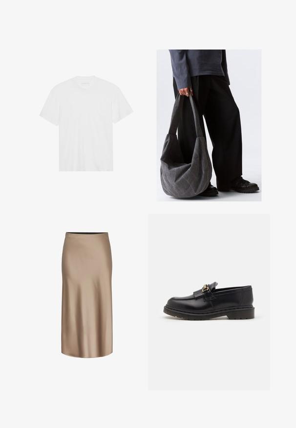 Valkoinen puuvillainen t-paita lyhyillä hihoilla, pyöreällä kaula-aukolla ja suoralla helmalla. Tasainen pinta, minimalistiinen muotoilu ilman kuvioita tai korostuksia.; Middihame ruskea satiini, jossa on sileä pinta, suora siluetti ja elastinen vyötärö mukavuutta varten. Ei näkyviä kuvioita tai koristeita.; Musta nahkainen loaferi pyöreällä varvalla, koristeellisella fringellä ja kultaisilla yksityiskohdilla. Paksu kumipohja lisää pitoa ja kestävyttä.; Harmaa kangaskassi, jossa on rento muotoilu, sileä pinta ja leveät hihnat. Kassi pidetään henkilön kädessä, joka on pukeutunut tummiin housuihin.