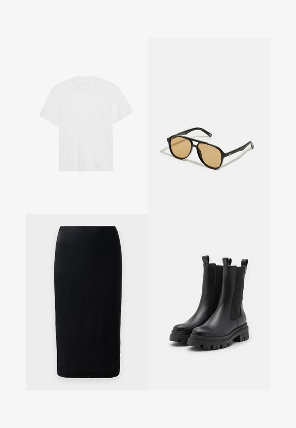 Fehér pamut póló rövid ujjakkal, kerek nyakkivágással és egyenes aljjal. Sima textúra, minimalista dizájn minta vagy díszítés nélkül.; Fekete ceruzaszoknya sima anyagból, karcsú fazonnal, térd hosszúságú kialakítással, egyszerű szegéllyel, látható minták vagy díszítések nélkül.; Fekete bőr bokacsizmák rugalmas oldalsó panelek és húzófülek segítségével. Vastag gumitalpak, mély barázdákkal a jobb tapadás érdekében.; Fekete napszemüveg barna árnyalatú lencsékkel; téglalap alakú, vastag kerettel, a szárakon diszkrét fém részletekkel.