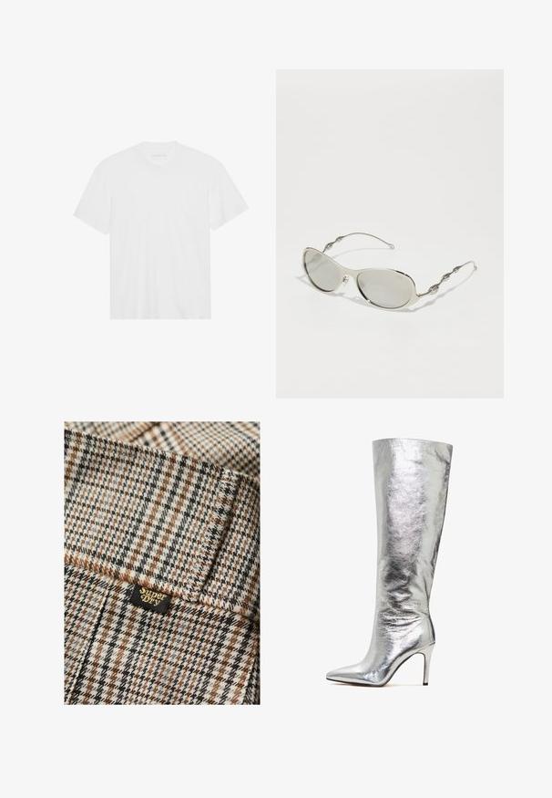 Biała bawełniana koszulka z krótkim rękawem, okrągłym dekoltem i prostym dołem. Gładka faktura, minimalistyczny design bez wzorów i akcentów.; Brązowa, szara i czarna tkanina w kratkę z teksturowanym wykończeniem. Zawiera małą czarną metkę z napisem "Superdry" w złotym kolorze.; Srebrna, wysoka szpilka z wąskim noskiem, wykonana z błyszczącego materiału metalicznego, charakteryzująca się smukłym, dopasowanym krojem i wysokim obcasem.; Srebrne okulary przeciwsłoneczne z owalnymi soczewkami, cienkimi metalowymi oprawkami i falistymi akcentami na zausznikach. Soczewki są delikatnie przyciemnione, a oprawka jest smukła i nowoczesna.