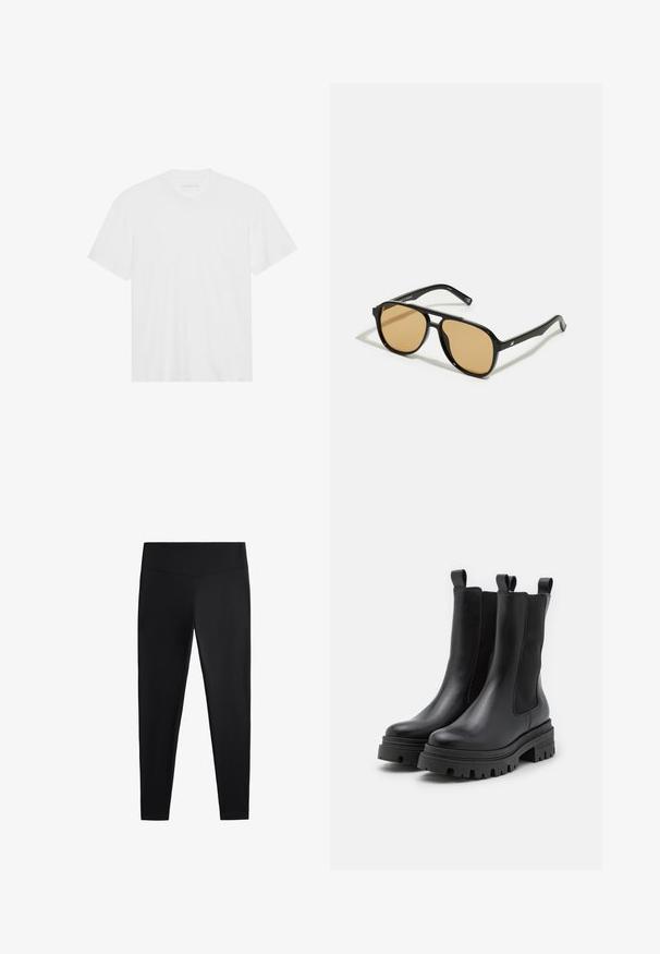 White cotton t-shirt with short sleeves, crew neckline, and straight hem. Smooth texture, minimalistic design without patterns or accents.; Black leggings made of smooth, stretchy fabric. Features a wide waistband and tapered leg design, suitable for active or casual wear.; Black leather ankle boots with elastic side panels and pull tabs. Chunky rubber soles with deep tread patterns for added traction.; Black sunglasses with brown tinted lenses; rectangular shape with a thick frame, including subtle hardware accents on the temples.