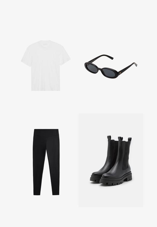 Biała bawełniana koszulka z krótkim rękawem, okrągłym dekoltem i prostym dołem. Gładka faktura, minimalistyczny design bez wzorów i akcentów.; Czarne legginsy wykonane z gładkiego, elastycznego materiału. Posiadają szeroki pas oraz zwężany krój nogawek, odpowiednie zarówno do aktywności fizycznej, jak i na co dzień.; Czarne skórzane botki za kostkę z elastycznymi panelami bocznymi i pętelkami do zakładania. Masywne gumowe podeszwy z głębokimi wzorami bieżnika dla lepszej przyczepności.; Czarne, oversize okulary przeciwsłoneczne z owalnymi soczewkami, gładkim plastikowym mostkiem i złotymi akcentami na zausznikach. Ciemne soczewki zapewniają ochronę przed słońcem.