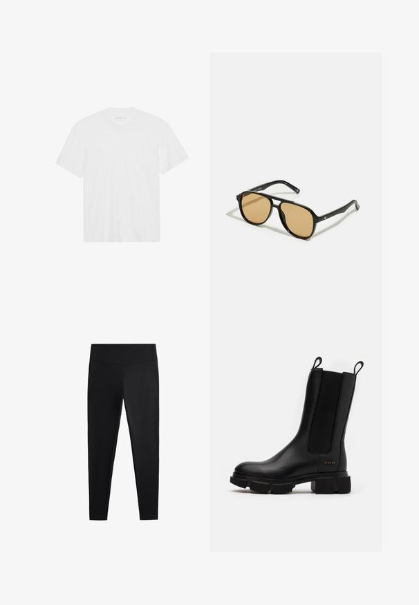 Biela bavlnená tričko s krátkymi rukávmi, klasickým výstrihom a rovnými okrajmi. Hladká textúra, minimalistický dizajn bez vzorov alebo akcentov.; Čierne legíny vyrobené z hladkej, elastickej tkaniny. Majú široký pás a zoštíhlený strih nohavíc, vhodné na aktívne alebo príležitostné nosenie.; Čierne kožené členkové topánky s elastickými postrannými panelmi, masívnou gumovou podrážkou a ťahacími pútkami. Obsahuje jemné značenie embosované na boku.; Čierne slnečné okuliare s hnedými farebnými šošovkami; obdĺžnikový tvar s hrubým rámom, vrátane jemných kovových akcentov na stranách.