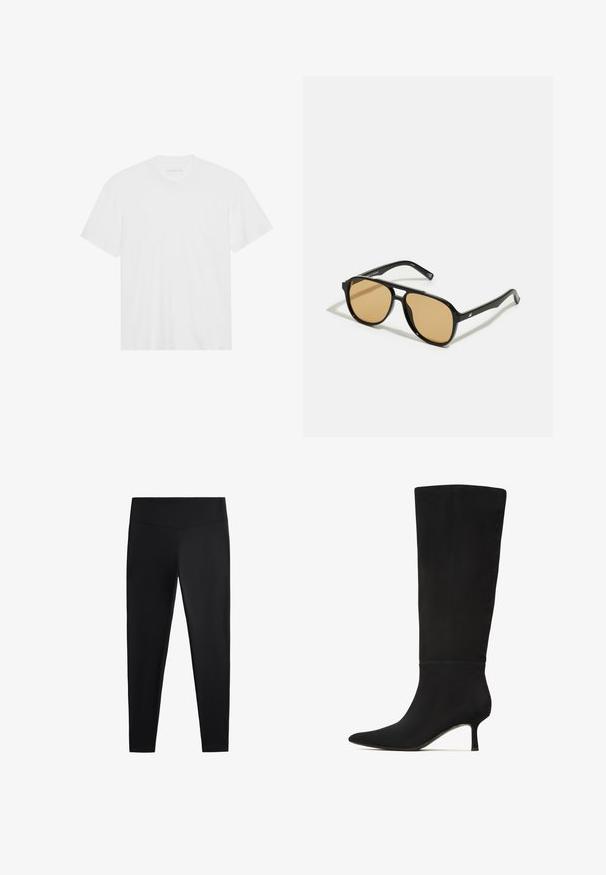 Witte katoenen t-shirt met korte mouwen, ronde hals en rechte zoom. Gladde textuur, minimalistisch ontwerp zonder patrons of accenten.; Zwarte leggings van gladde, rekbare stof. Voorzien van een brede tailleband en een taps toelopend pootdesign, geschikt voor actieve of casual kleding.; Zwarte laars tot de knie in gladde suede met een spitse neus en een slanke stilettohak. Heeft een naadloos ontwerp en minimale hardwareaccenten.; Zwarte zonnebril met bruin getinte lenzen; rechthoekige vorm met een dikke rand, inclusief subtiele hardware accenten op de veertjes.