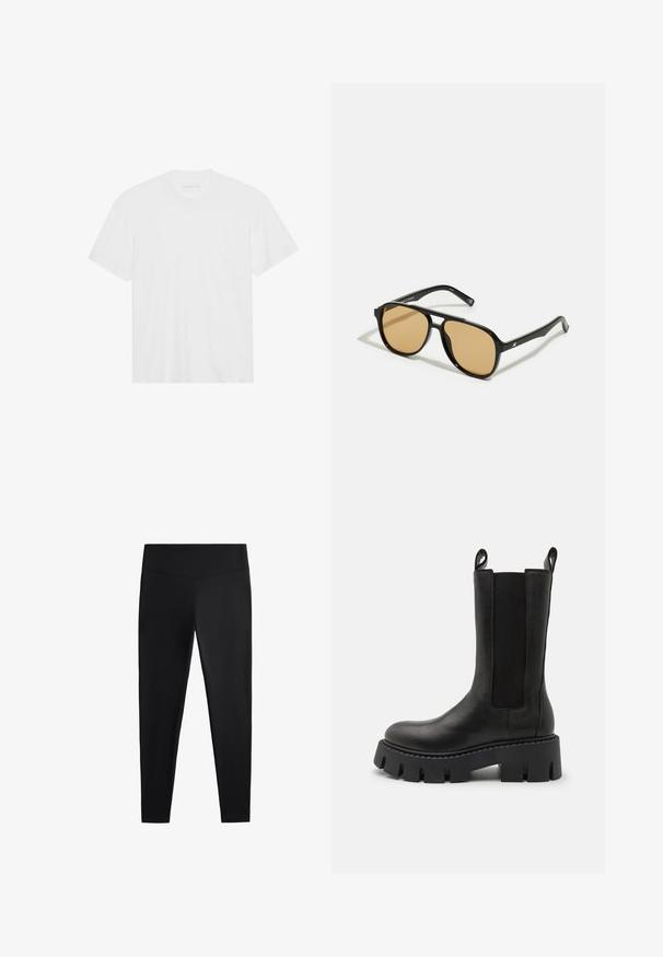 Biela bavlnená tričko s krátkymi rukávmi, klasickým výstrihom a rovnými okrajmi. Hladká textúra, minimalistický dizajn bez vzorov alebo akcentov.; Čierne legíny vyrobené z hladkej, elastickej tkaniny. Majú široký pás a zoštíhlený strih nohavíc, vhodné na aktívne alebo príležitostné nosenie.; Čierne kožené kotníkové topánky s elastickými bočnými panelmi, pútkom na vytiahnutie, robustnou podrážkou so vzorom a zosilneným šitím. Povrch má hladkú textúru.; Čierne slnečné okuliare s hnedými farebnými šošovkami; obdĺžnikový tvar s hrubým rámom, vrátane jemných kovových akcentov na stranách.