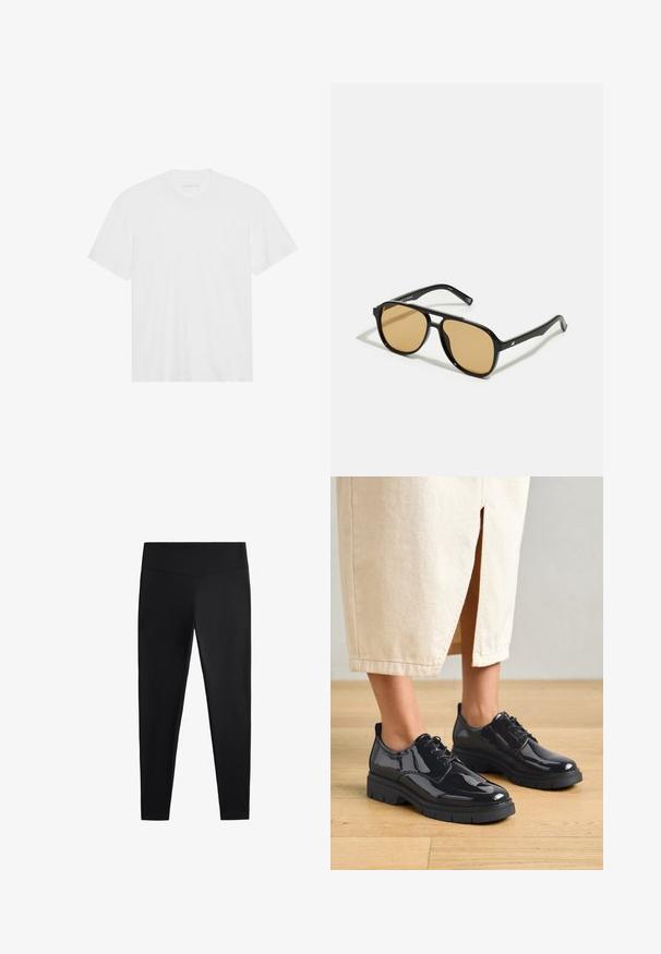 Bílý bavlněný tričko s krátkým rukávem, kulatým výstřihem a rovním spodním lemem. Hladká textura, minimalistický design bez vzorů nebo akcentů.; Černé legíny vyrobené z hladkého, elastického materiálu. Mají široký pas a zúžený střih nohavic, vhodné pro aktivní nebo volnočasové nošení.; Černé lakované boty na silné černé podrážce, s šněrováním a kulatou špičkou, obuté s lehkou béžovou sukní.; Černé sluneční brýle s hnědými tónovanými čočkami; obdélníkový tvar s tlustým rámem, včetně jemných kovových akcentů na stranách.