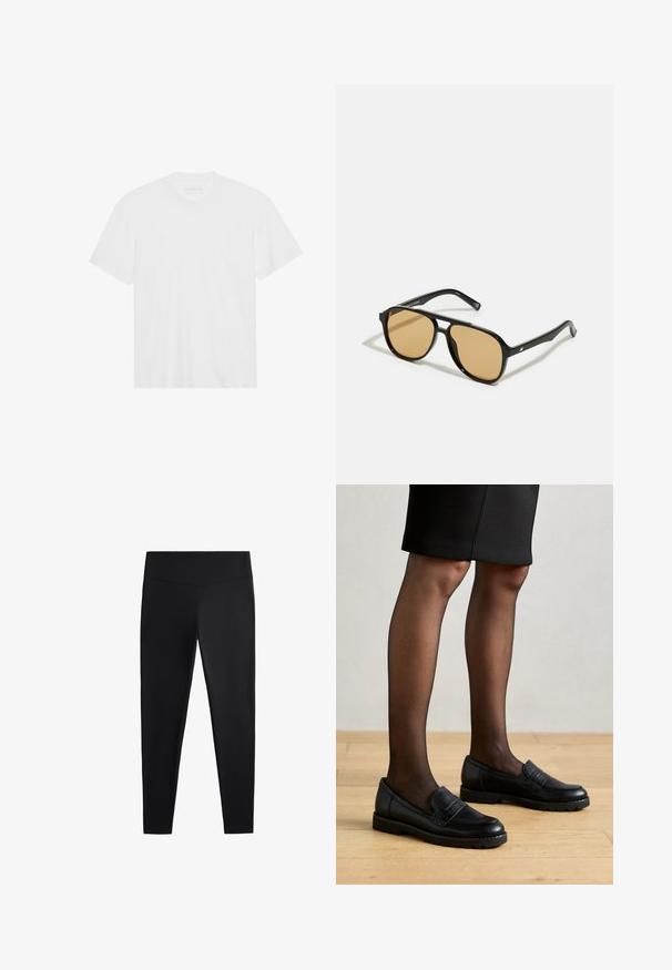 Weißes Baumwoll-T-Shirt mit kurzen Ärmeln, Rundhalsausschnitt und geradem Saum. Glatte Textur, minimalistisches Design ohne Muster oder Akzente.; Schwarze Leggings aus glattem, dehnbarem Stoff. Mit einem breiten Bund und tailliertem Bein Design, geeignet für aktive oder lässige Kleidung.; Schwarze Lederloafers mit einer strukturierten Fläche, Gummisohle und runder Zehenform, getragen mit durchsichtigen schwarzen Strumpfhosen und einem figurbetonten Rock.; Schwarze Sonnenbrille mit braun getönten Gläsern; rechteckige Form mit einem dicken Rahmen, einschließlich subtiler Hardware-Akzente an den Bügeln.