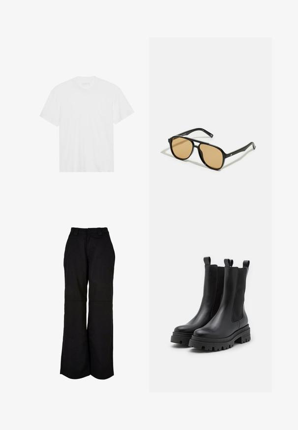 Balta kokvilnas t-kreklā ar īsām piedurknēm, apaļu kakla izgriezumu un taisnu apakšmalu. Gluda tekstūra, minimālistisks dizains bez rakstiem vai akcentiem.; Melnas plašas bikses ar gludu tekstūru, divām priekšējām kabatām un bezšuvju jostasvīru vieglai uzvilkšanai.; Melni ādas potītes zābaki ar elastīgiem sānu paneļiem un vilkšanas cilpām. Masīvas gumijas zolītes ar dziļiem rakstiem, lai uzlabotu saķeri.; Melnas saulesbrilles ar brūnā tonītiem stikliem; taisnstūra forma ar biezu rāmi, ieskaitot smalku aparatūru akcentu uz tempļiem.