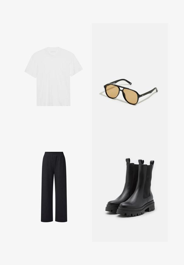 Tricou alb din bumbac, cu mâneci scurte, guler rotund și tiv drept. Textură netedă, design minimal, fără modele sau accente.; Pantaloni negri cu croi larg, dintr-un material moale și cu o talie elastică. Țesătura are un aspect ușor melanjat și oferă un fit lejer.; Botoșei de piele negri, până la gleznă, cu panouri elastice pe laterale și bucăți de prindere. Talpă din cauciuc groasă, cu model de adâncitură pentru o aderență suplimentară.; Ochelari de soare negri cu lentile de culoare maro; formă rectangulară cu un cadru gros, inclusiv accente hardware subtile pe mânere.