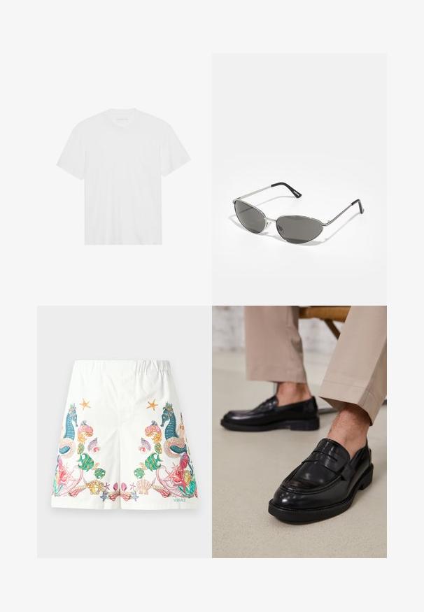 Biała bawełniana koszulka z krótkim rękawem, okrągłym dekoltem i prostym dołem. Gładka faktura, minimalistyczny design bez wzorów i akcentów.; Białe szorty z materiału z kolorowymi grafikami inspirowanymi oceanem, w tym konikami morskimi, muszlami i rozgwiazdami, z wiązaniem w pasie.; Czarne skórzane mokasyny o gładkim wykończeniu, z dekoracyjnym paskiem i kontrastowym szwem, w połączeniu z beżowymi spodniami.; Okulary przeciwsłoneczne z elegancką, srebrną metalową ramą, szarymi soczewkami i aerodynamicznym kształtem z wyraźnymi krawędziami oraz cienkimi zausznikami.