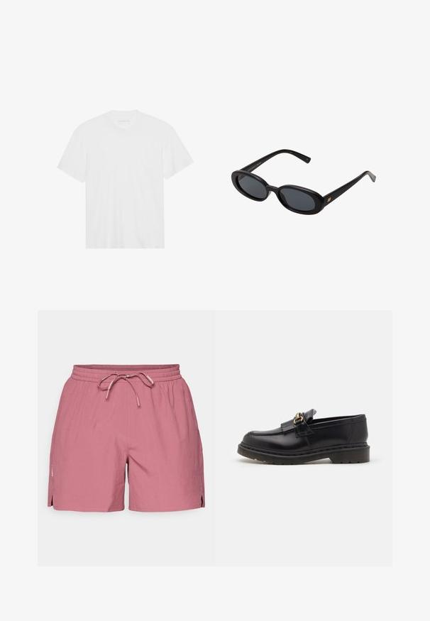 Bílý bavlněný tričko s krátkým rukávem, kulatým výstřihem a rovním spodním lemem. Hladká textura, minimalistický design bez vzorů nebo akcentů.; Salomon SHKOUT EASY SHORTS - Sportovní kraťasy - nocturne; Černé kožené mokasíny s kulatou špičkou, dekorativním třásněním a zlatými detaily. Silná gumová podešev pro lepší trakci a odolnost.; Černé oversized sluneční brýle s oválnými čočkami, hladkým plastovým rámem a zlatými akcenty na spáncích. Tmavé čočky poskytují ochranu před sluncem.