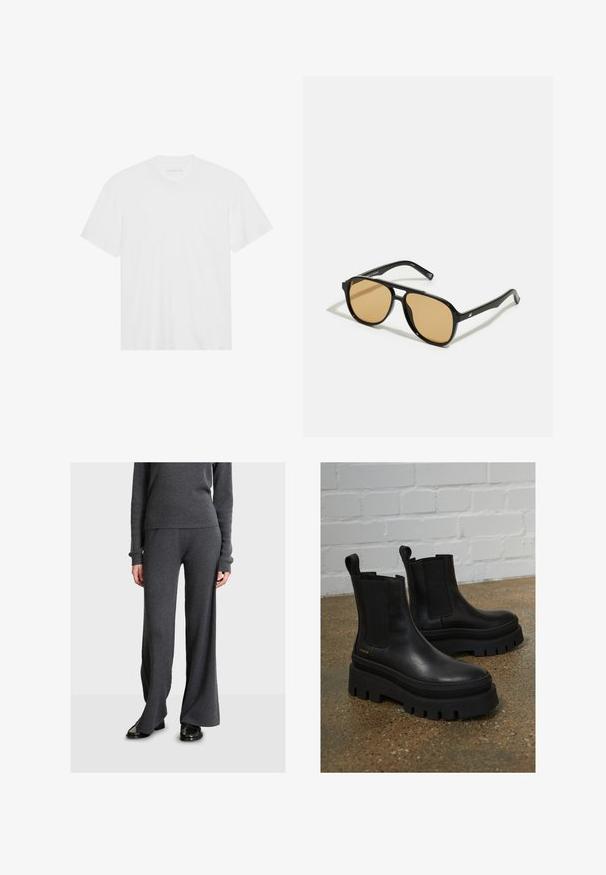 Bijela pamučna majica s kratkim rukavima, okruglim izrezom i ravnim rubom. Glatka tekstura, minimalistički dizajn bez uzorkâ ili akcenta.; Sivi rebrasti pleteni pulover i široke hlače, s dugim rukavima, prilagođenim siluetom i mekanom teksturom, uparen s crnim cipelama.; Crne kožne gležnjače s elastičnim bočnim panelima, debelim crnim platformama i detaljima šavova, s petljom za jednostavno oblačenje.; Crne sunčane naočale s smeškastim sočivima; pravokotni oblik s debelim okvirom, uključujući suptilne hardverske akcentne detalje na sljepoočnicama.