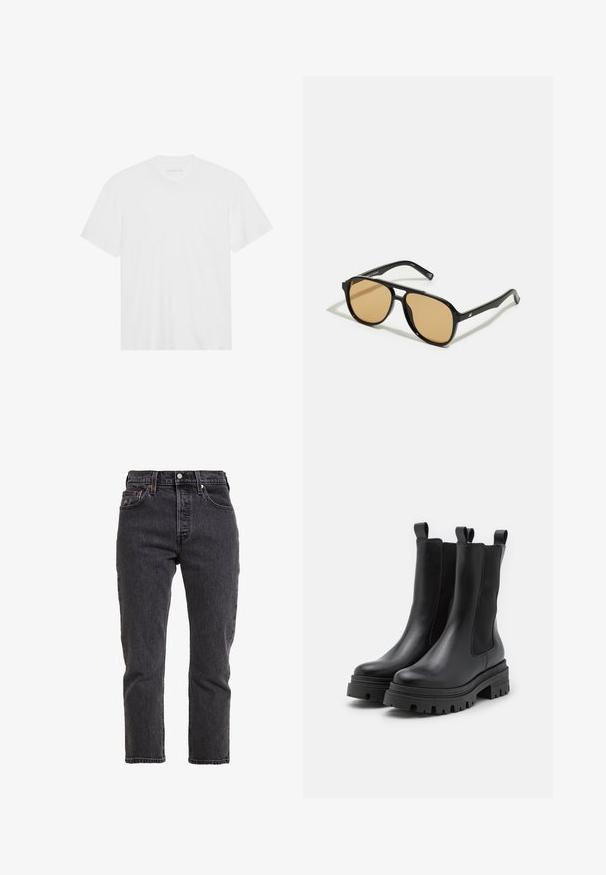T-shirt de algodão branco com mangas curtas, decote redondo e bainha reta. Textura suave, design minimalista sem padrões ou detalhes.; Calças de ganga pretas com corte reto, cintura alta, cinco bolsos e fecho com botão metálico. Textura e detalhes de costura subtis.; Botas de tornozelo em couro preto com painéis elásticos laterais e alças para puxar. Solas de borracha grossa com padrões de ranhura profundos para maior tração.; Óculos de sol pretos com lentes castanhas; formato retangular com uma armação grossa, incluindo sutis detalhes metálicos nas hastes.