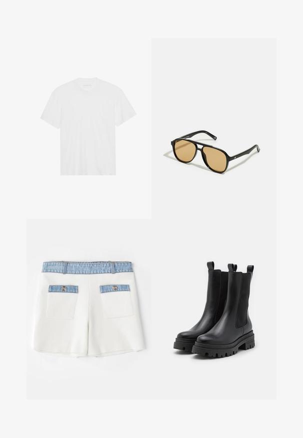 Fehér pamut póló rövid ujjakkal, kerek nyakkivágással és egyenes aljjal. Sima textúra, minimalista dizájn minta vagy díszítés nélkül.; Maje IRSALA - Rövidnadrágok - ecru; Fekete bőr bokacsizmák rugalmas oldalsó panelek és húzófülek segítségével. Vastag gumitalpak, mély barázdákkal a jobb tapadás érdekében.; Fekete napszemüveg barna árnyalatú lencsékkel; téglalap alakú, vastag kerettel, a szárakon diszkrét fém részletekkel.