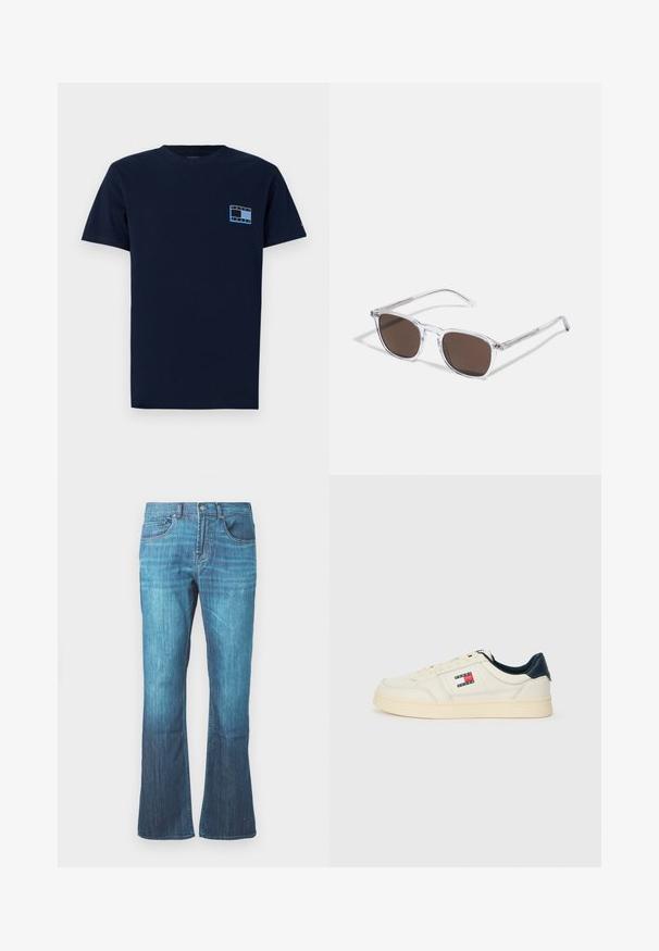 Námornícky modré bavlnené tričko s krátkymi rukávmi, s malou grafikou na hrudi v svetlomodrej a bielej farbe s textom "TOMMY JEANS". Klasický strih.; Džíny zo stredne modrého prania denim s miernym rozšírením na spodnej strane, klasický dizajn s piatimi vreckami a predným zapínaním na gombík a zips.; Tenisky v krémovo bielej koži s námořníckym modrým pätou a jazýčkom, so značním štítkom v červenej, bielej a modrej na boku.; Priesvitné plastové slnečné okuliare s obdlžníkovými hnedými šošovkami, s tenkými priesvitnými rámami a kovovými akcentmi na spánkoch.