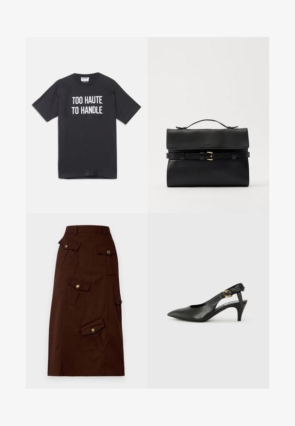 Zwart katoenen t-shirt met korte mouwen en ronde halslijn, met witte tekst die "TOO HAUTE TO HANDLE" op de voorkant weergeeft.; Bruine knie-lange rok van katoen met meerdere flapzakken en gouden knopen, met een aansluitende tailleband. Soepele textuur.; Zwarte leren slingback pump met een puntige neus, kleine hak en een gesp detail op de enkelband. Glad textuur, minimalistisch ontwerp.; Zwarte leren handtas met een omgevouwen klep, een gesp detail en een handvat aan de bovenkant. Gladde textuur en minimalistisch ontwerp, geschikt voor verschillende gelegenheden.