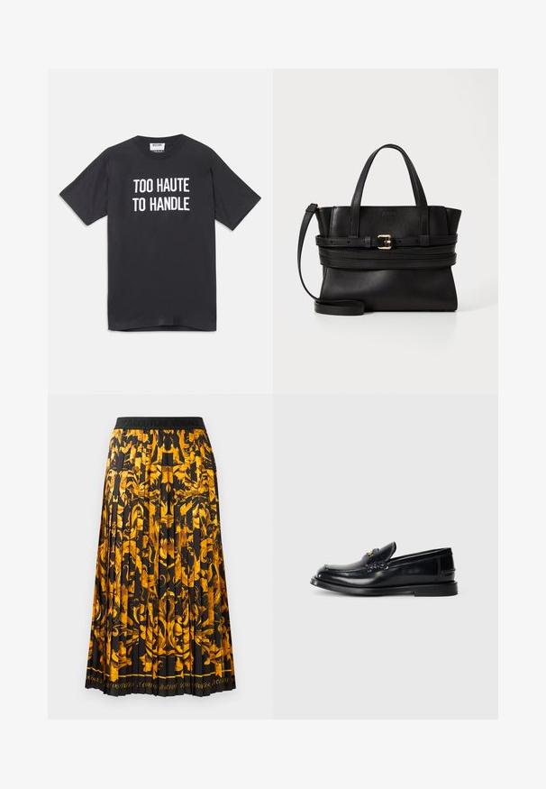 Fekete pamut póló rövid ujjakkal és kerek nyakkivágással, elöl fehér felirattal: "TÚL FORRÓ AHHOZ, HOGY KEZELNI TUDJUK".; Ráncokkal ellátott szoknya, mely fekete anyagból készült, élénk arany virágmintával. A derékrész fekete, dombornyomott felirattal.; Fekete bőr loaferek, varrott mintával, kis elülső hajtókával és lapos gumitalppal. Simább textúra aranyszínű hardware kiemeléssel.; Fekete bőr kézitáska strukturált dizájnnal, párhuzamos felső fogantyúkkal, levehető pánttal és arany csat díszítéssel egy vízszintes sávon.