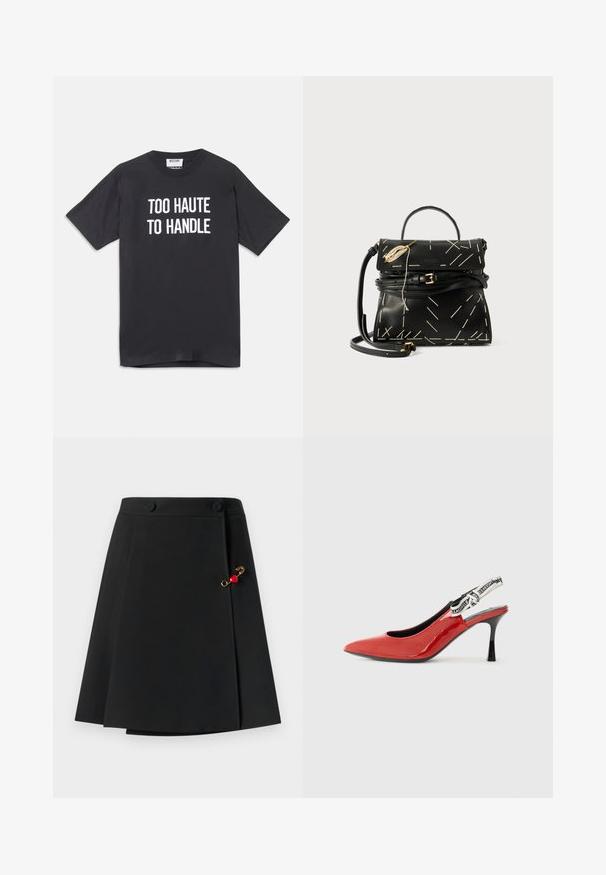 Črna bombažna majica s kratkimi rokavi in okroglim izrezom, ki na sprednji strani vsebuje beli napis "PREVISOKO ZA OBVLADOVANJE".; Črna krilo s širšim dizajnom, ki ima dva sprednja gumbka in zlat dodatak z rdečim srcem na strani. Gladka tekstura tkanine.; Rdeče patent usnjene slingback čevlje s koničastim nosom, črnim peto in okrasnim tekstilnim trakom z vzorcem ponavljajočega se logotipa.; Črna usnjena torbica z geometrskim belim šivom, zgornjim ročajem in snemljivim naramnim trakom. Ima zlatne dodatke in zadrgo.