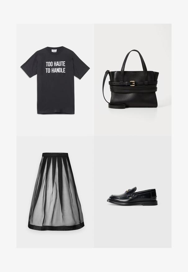 Black cotton t-shirt with short sleeves and round neckline, featuring white text that reads "TOO HAUTE TO HANDLE" on the front.; MOSCHINO GONNA - Pleated skirt - nero; Black leather loafer featuring a stitched design, a small front flap, and a flat rubber sole. Smooth texture with gold-tone hardware accent.; Black leather handbag with structured design, dual top handles, detachable strap, and gold buckle accent on a horizontal band.