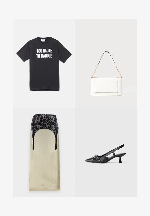 Tricou din bumbac negru cu mâneci scurte și guler rotund, având text alb care spune "PREA HOT PENTRU A FI MANEVRAT" pe față.; Body din dantelă cu un top din dantelă florală neagră și un fund din satin bej, având bretele ajustabile negre și accente cu ciucuri. Siluetă clasică.; Pantofii slingback din piele neagră, cu vârful ascuțit, curele decorative cu ochiuri din metal și toc bloc mic. Suprafață texturată.; Geantă de mână din piele albă cu un finisaj texturat, având o curea din lanț aurie și accente negre. Include un buzunar frontal și închidere cu fermoar.