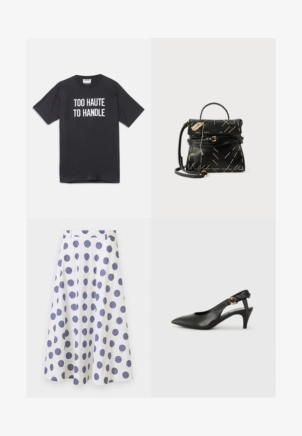 Schwarzes Baumwoll-T-Shirt mit kurzen Ärmeln und rundem Ausschnitt, auf der Vorderseite mit weißem Text, der "TOO HAUTE TO HANDLE" lautet.; Ein knielanger, weißer Rock mit einem ausgestellten Design, der große marineblaue Pünktchen aufweist. Er hat eine glatte Textur und Faltendetails.; Schwarze Leder Slingback-Pumpe mit spitzem Absatz, kleinem Absatz und einer Schnalle am Knöchelriemen. Glatte Textur, minimalistisches Design.; Schwarze Lederhandtasche mit geometrischer weißer Naht, einem Tragegriff und einem abnehmbaren Schultergurt. Mit goldenen Akzenten und einem Reißverschluss.